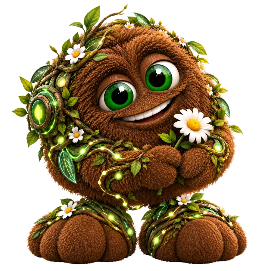 The NetYeti, a round furry creature wrapped in glowing vines, holding a daisy